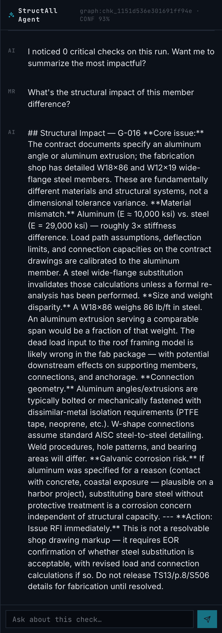 StructAll Agent explaining the structural impact of a member substitution between an aluminum element and steel wide-flange framing in a streamed reply