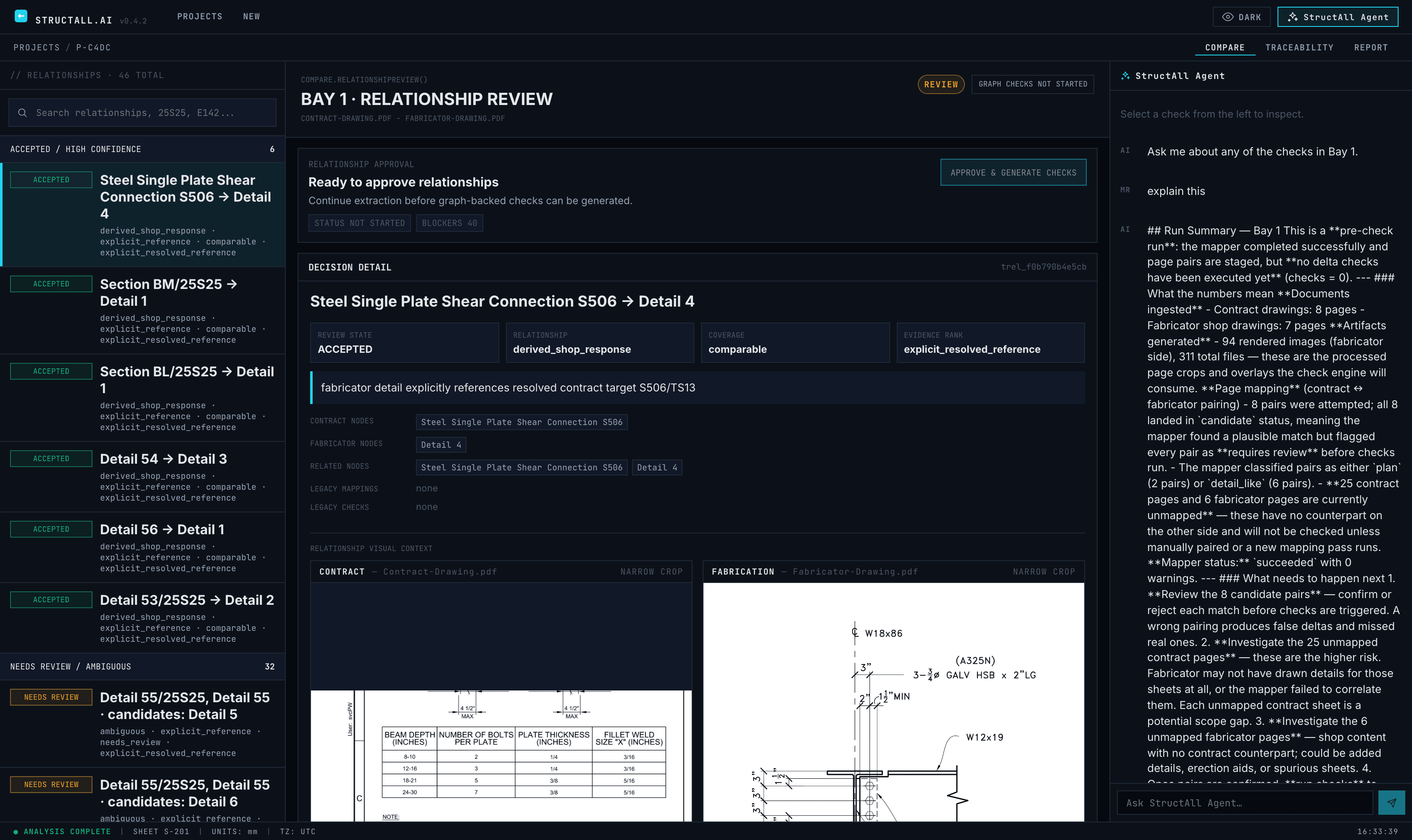 StructAll Compare workbench: a delta queue, the contract and fabrication detail crops side by side, and the StructAll Agent rail inspecting the selected delta